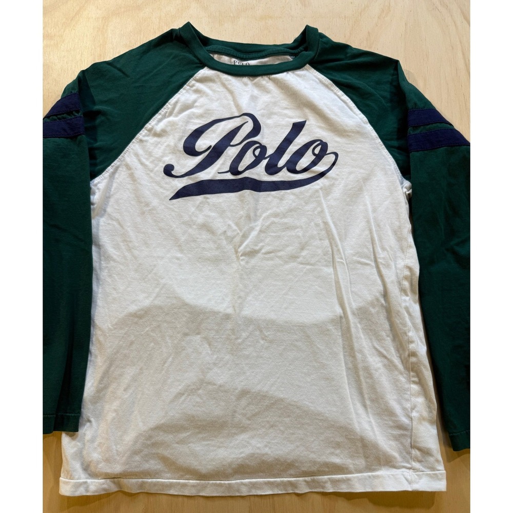 Polo Ralph Lauren Mens Green White Raglan Long Sleeve Script Logo Tee Shirt L